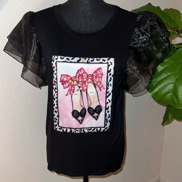 LOVE J Women’s Black T-Shirt Tulle Sleeves Bejeweled Pairs Heels Top Size Large - Picture 1 of 16